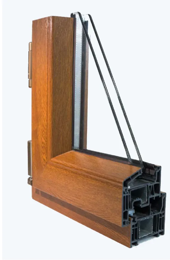 Sezione di serramento in PVC con finitura effetto legno