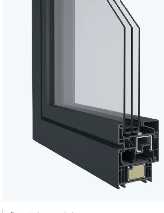 Sezione di un serramento in PVC che mostra camere, rinforzo e vetrocamera